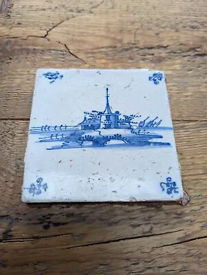 Buy 18thC Blue Delft Tile, Church, Bridge, River, Boats, Antique VGC For Age • 40£
