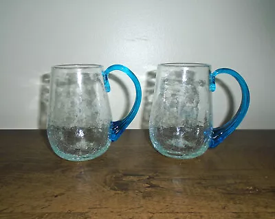 Buy Hand Blown Crackle Glass Mugs Blue Ribbed Handles Set Of Two Vintage Glassware • 23.30£