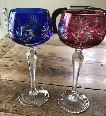 Buy Vintage Bohemian Crystal Cut Glass Wine Goblet Glass  Red & Blue, 19.5CMS TALL • 18£