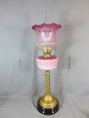 Buy Antique Victorian Cranberry Glass & Brass OIL Lamp Original Etched Tulip Shade • 545£