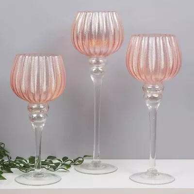 Buy Set Of 3 Pearlised Pink Glass Goblet Style Candle Tealight Holders Glasses • 26.24£