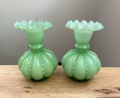 Buy Vtg Fenton Vases Green Overlay Beaded Melon Pattern Ruffle Rim 4.5” Set Of 2 • 279.58£