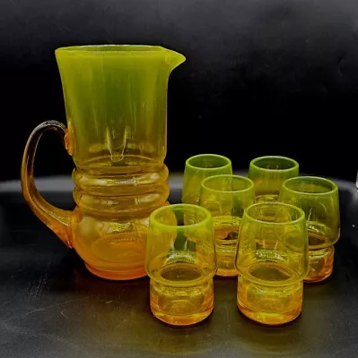 Buy 7pc MCM Scandinavian Art Glass Pitcher Glasses Bright Yellow/Orange GLOWS!!  • 232.05£