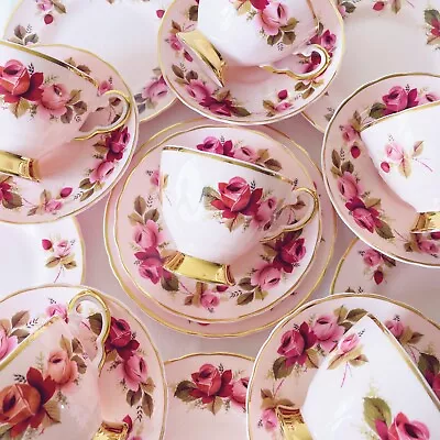 Buy Vintage Tuscan Pink Cabbage Rose Teacup Trio Set, Gilded • 18£