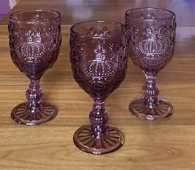 Buy 3 Modern Vintage Style Drinking Goblet Glassware Purple Amethyst Crown 6.5” • 13.97£