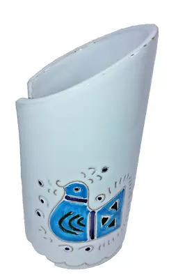 Buy Open Sided Ceramic Vase White Glaze W/ Blue Bird Motif Mediterranean Style VGC • 8.99£