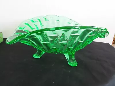 Buy Antique  GREEN VASELINE Glass Three Footed OVAL BOWL 11 X9 X5 H • 55.91£