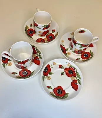 Buy Roy Kirkham Monet Red Poppy Mugs X 3 Saucers X 4 3  Bone China 1992 England VGC • 15.99£