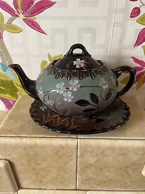 Buy Antique Victorian Jackfield Black Floral Teapot Gibsons Jetware • 115£