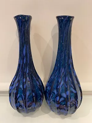 Buy 2 Signed Antique Handmade Glass Blue Ribbed Vases Vase  • 30£