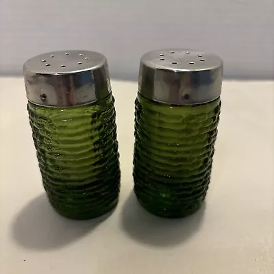 Buy 60's Vintage Anchor Hocking Glass Soreno Green Salt & Pepper Shakers Free Ship • 14.90£