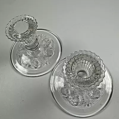 Buy VTG Set Of 2 Pressed Glass Candleholders Leaf Flower Pattern Fits Tapered Candle • 7.45£