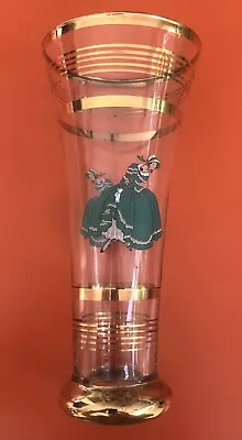 Buy Vintage Retro 1940-50s Tall Flute Tumbler Glass Gold Vase Crinoline Lady Print • 15£