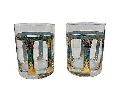 Buy Culver Old Fashioned Tumblers Barware Green And Gold Trim Marble Columns Set~2 • 18.63£