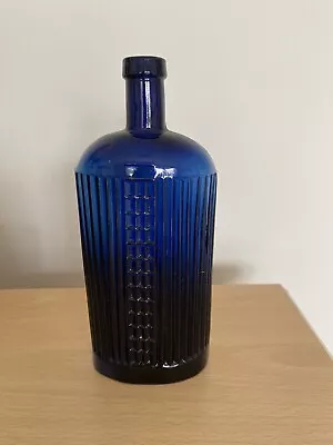 Buy Vintage Poison Blue Ribbed Flat Oval Glass Bottle 20cms • 24.99£