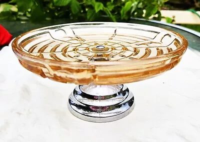 Buy Vintage Art Deco 1930 Pink Depression Glass Cake/Fruit Stand Chrome Plated Foot • 12.82£