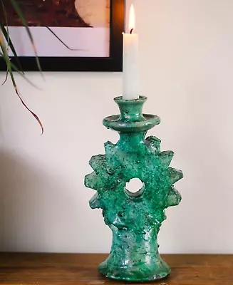 Buy Pottery Candleholder, Tamegroute Shaded Green Candlestick Holder, Candle Holder • 40£