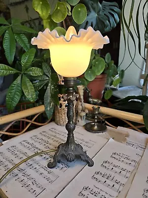 Buy Antique French Brass Ornate Candlestick Table Lamp & Milk Glass Petal Shade 30cm • 35.99£