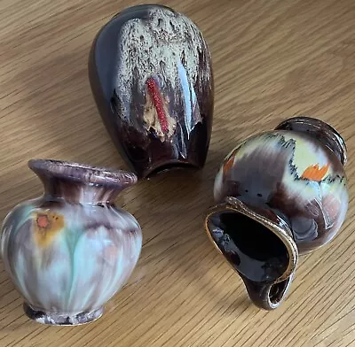Buy 3 X West German Vases Small Colourful Drip Glaze Pottery / Jug / Fish Mouth Vase • 14£
