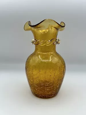 Buy Vintage Amber Crackle Glass Vase Applied Ribbon Ruffle 6.5” • 27.02£