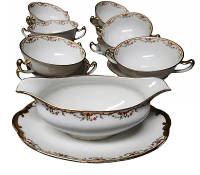 Buy Limoges Vignaud Limoges France Meuse China Set Gravy Boat & 12 Two-Handle Bowls • 92.25£