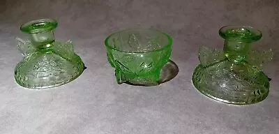 Buy VINTAGE SOWERBY BUTTERFLY GREEN GLASS 2 X Candle Holders And Bowl 30/40s • 16.99£