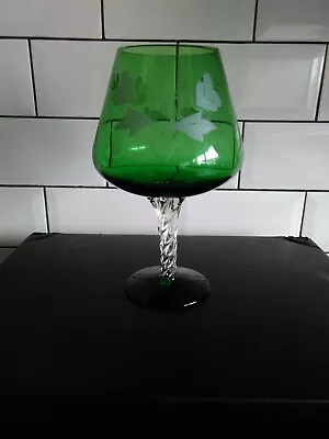 Buy Vintage Retro Mid Century -1960s?- Green Etched Brandy Glass / Vase Twisted Stem • 7.95£