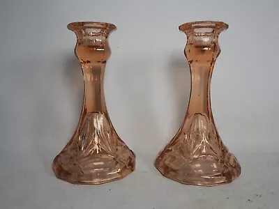 Buy Pair Of Vintage Peachy Pink Glass Candlestick Holders  15cm Tall • 14.99£