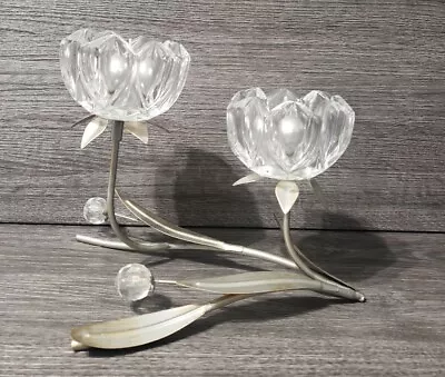 Buy Metal Candlestick With Two Cristal Glass Clear Flowers Tea Lights Candles Holder • 9.99£