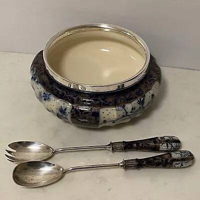 Buy Doulton Burslem Flow Blue White Salad Bowl Gilt Silver Plated 10  Servers (M) • 139£