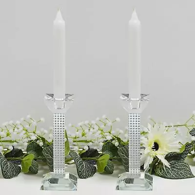 Buy Pair Of Glass Candlesticks Square Pillar Candle Holder Silver Glitter 23cm • 21.99£