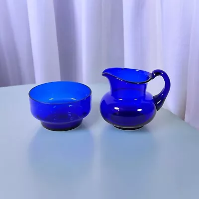 Buy Vintage Cobalt Blue Glass Cream Jug And Sugar Bowl • 17£