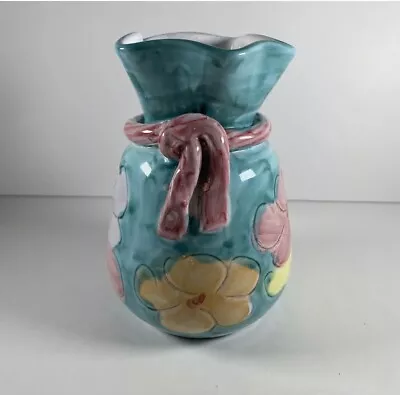 Buy Ravello Pottery Vase With Flower Design Textured Green 7” Italy • 6.99£