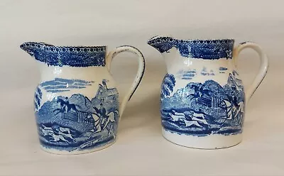 Buy Antique Pair Of Blue & White Printed Pottery Hunting Jugs Ca. 1850. • 24.99£
