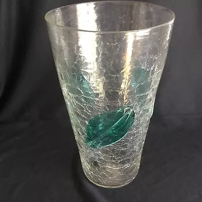 Buy Vintage 13” Tall Blenko Crackle Glass Clear Vase W/ Applied Blue Leaves MCM • 55.91£