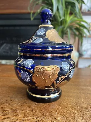 Buy Vintage Bohemian Czech Gold Roses Cobalt Blue Glass Candy Jar & Lid - 1970's • 13.99£