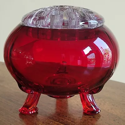 Buy Vintage MCM Viking Glass Flowerlite Ruby Red Glass Footed Rose Bowl Flower Frog • 49.38£