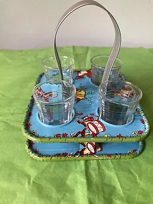 Buy Rare Vintage Animal Design Tin Litho Children’s Drink Caddy & 4 Clear Glasses • 25.06£