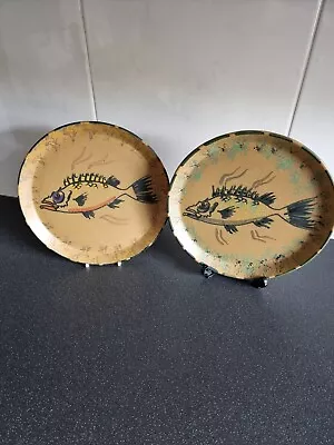 Buy Pair Of Quirky Honiton Pottery Hand Painted Fish Plates Dishes 1970s  23.5cm VGC • 16£