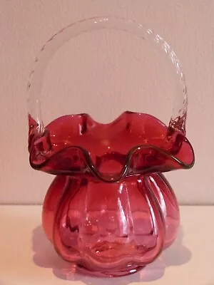 Buy Vintage Fenton 7.25  Cranberry  Glass Basket Vase Ruffle Edge Crystal Handle • 12£