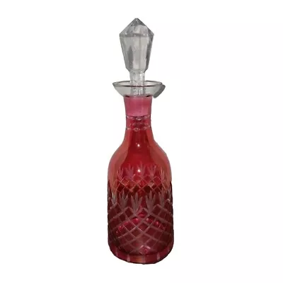 Buy VTG Cranberry Cut Glass Decanter Bell Shape Clear Faceted Stopper Bar Ware • 22.40£