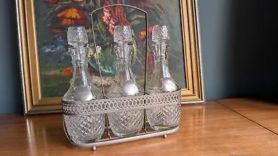 Buy 3 Bottle Cut Glass/silver Plated Decanter Set.1970's .whiskey,sherry,port. • 55£