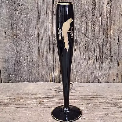 Buy Vintage Tiffin Black Glass Bud Vase Art Deco Black Amethyst W/ Gild Parrot Bird • 54.04£