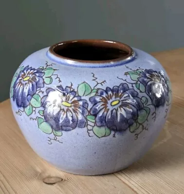 Buy Guernsey Pottery Redware Studio Vase Blue Floral Sgraffito Vintage Label 70s • 14£