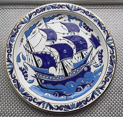 Buy IBISCUS Ceramics Rhodes 24K Gold Decorative Wall Plate Blue White Ship Scene • 18.99£