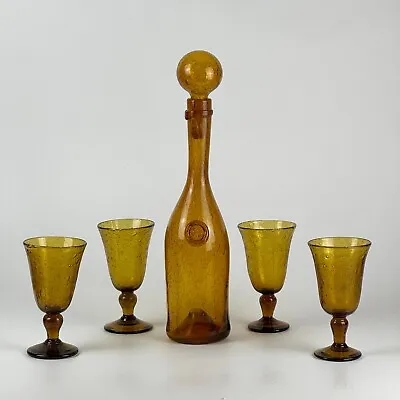 Buy Set Of Large Vintage French Biot Blown Glass Wine Decanter/Carafe With 4 Glasses • 279.38£