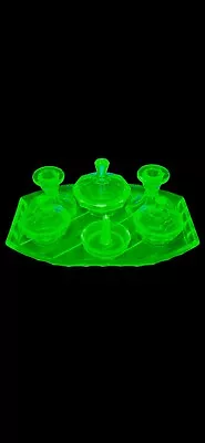 Buy 7 Piece Sowerby Art Deco Uranium Vaseline Glass Vanity Dressing Table Set • 59.99£