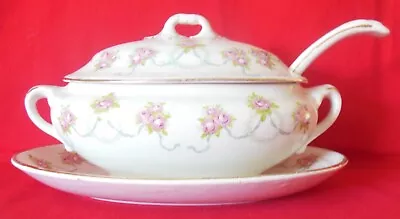 Buy Booths China England Tureen Underplate Lid & Ladle Pink Rose Garlands #7582 • 39.13£