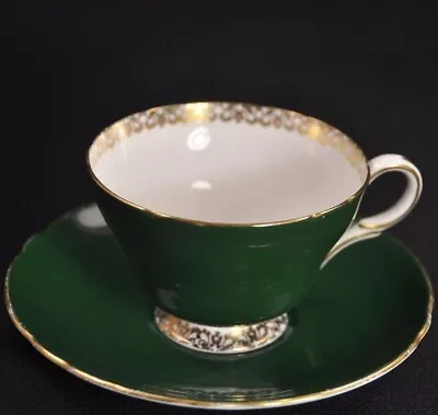 Buy Shelley Footed Cup & Saucer Hunter Green Henley Shape Gold Scrollwork 1938-1966 • 81.99£