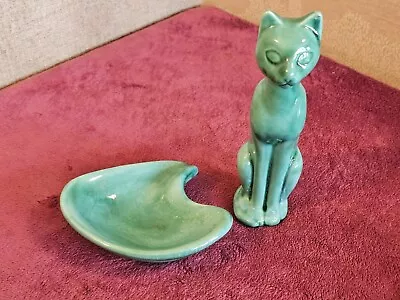 Buy Vintage Anglia Pottery Turquoise CAT Ceramic Figure + Matching Trinket Dish • 4.99£